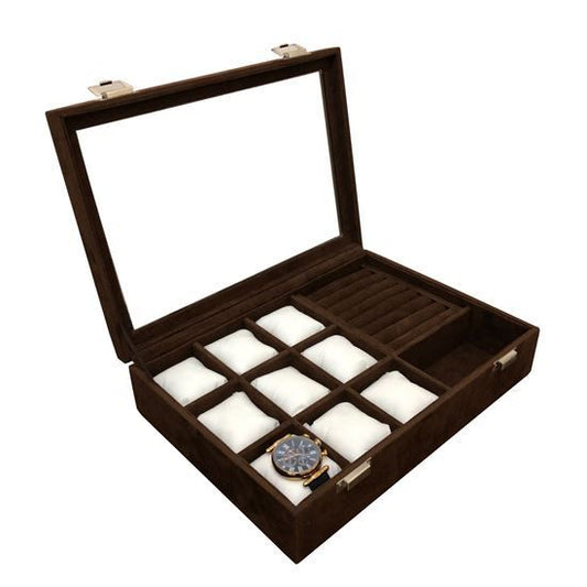 Watch, Ring, Glasses Mixed Jewelry Box Brown Suede